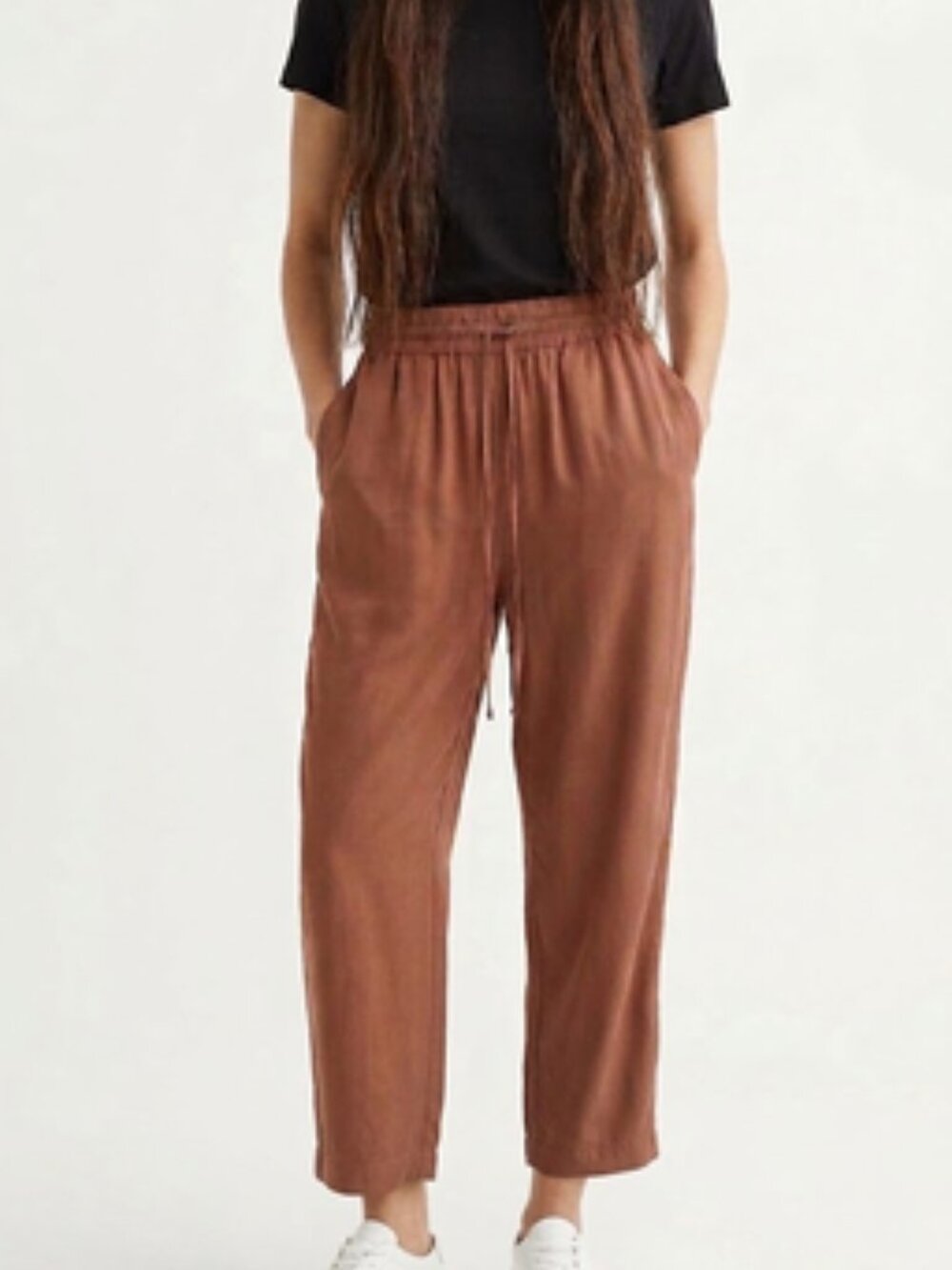 H&M Rust Brown Wide Leg Pants Ankle Length Elastic Waist Casual Lounge, sz Small
